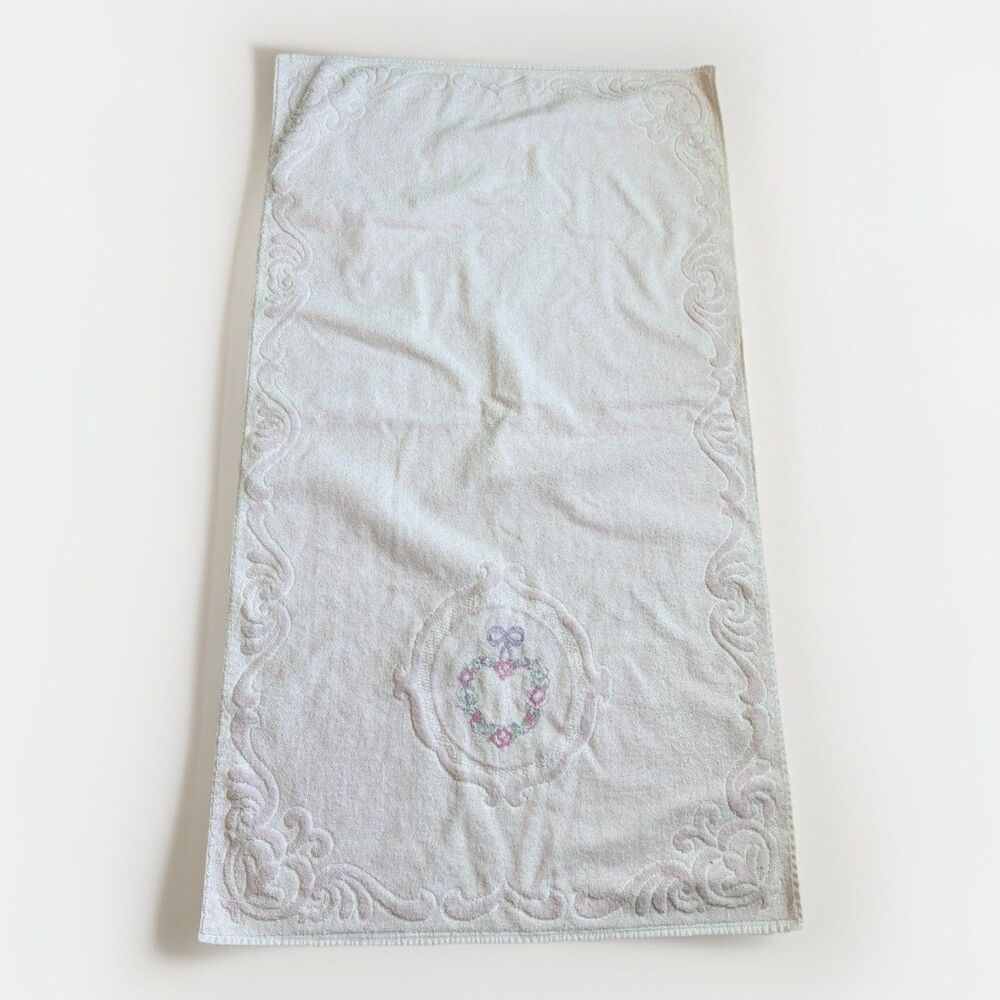 Vintage Embroidered Towel Full Size Pink Flowers Floral Cottage Core